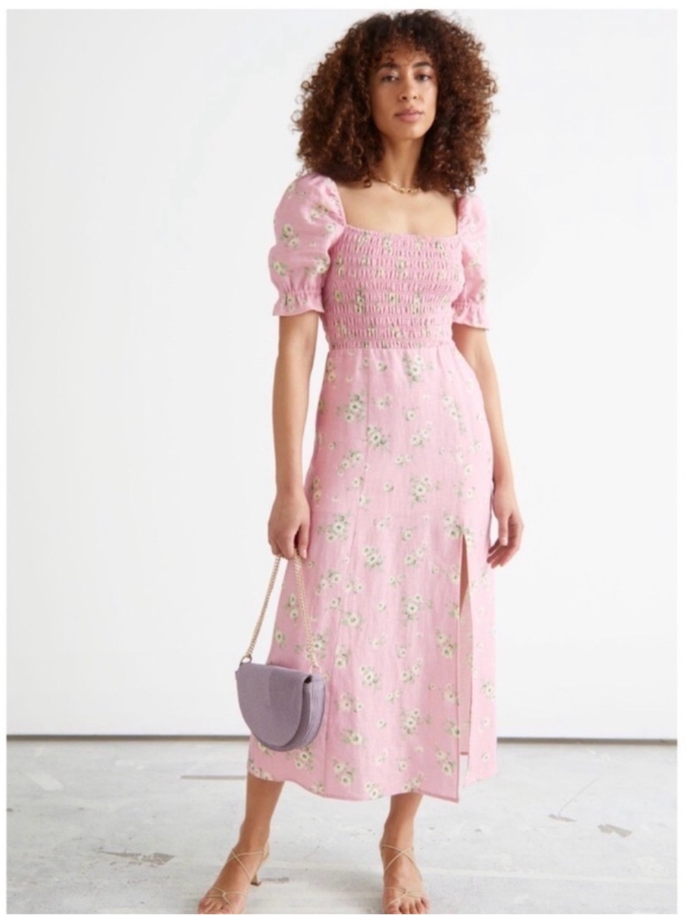 & OTHER STORIES Linen Midi Dress Pink Floral Smocked Printed Puff Sleeve NWT